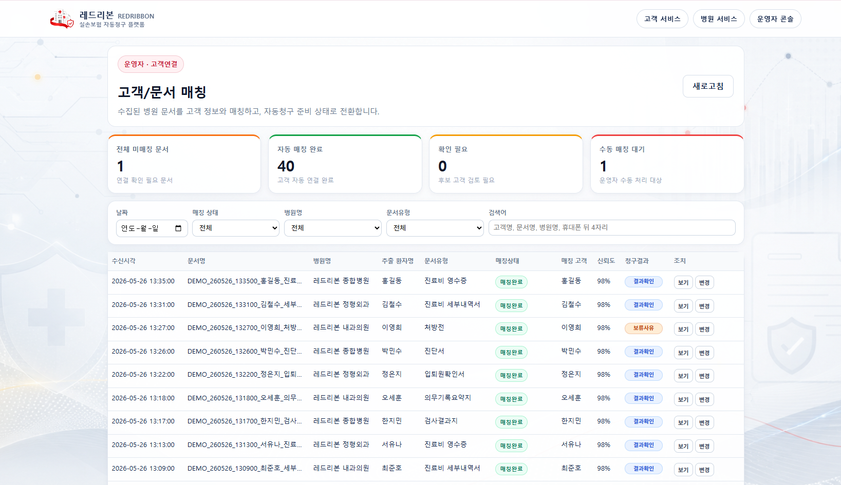 운영자 매칭 및 검토 화면